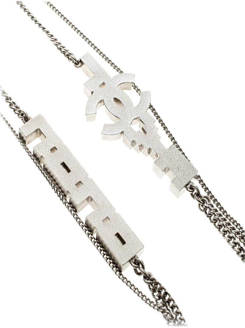 CHANEL Metal Crystal Coco Love Multi Strand Long Necklace Silver-designer resale