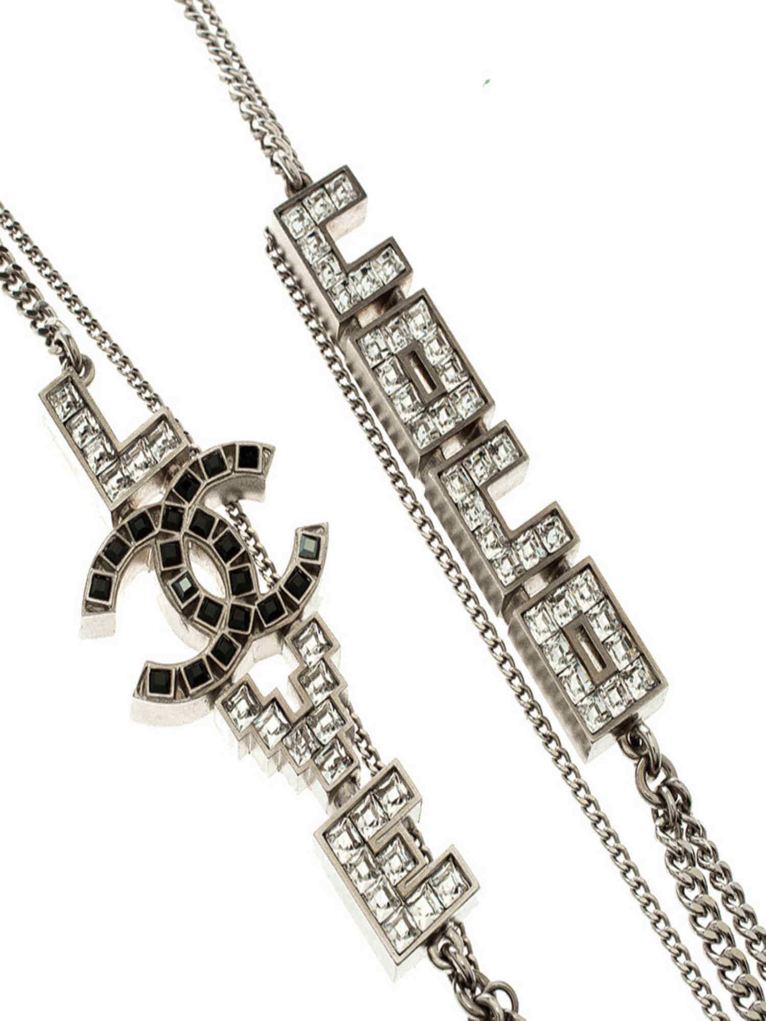 CHANEL Metal Crystal Coco Love Multi Strand Long Necklace Silver-designer resale