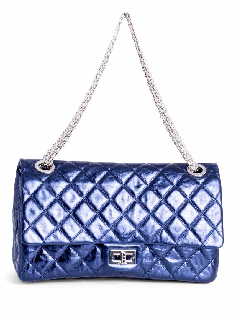 CHANEL Metallic Aged Lambskin Leather 2.55 Maxi Double Flap Bag Blue-designer resale