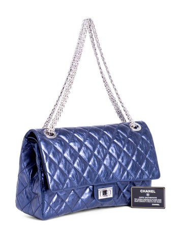 CHANEL Metallic Aged Lambskin Leather 2.55 Maxi Double Flap Bag Blue-designer resale