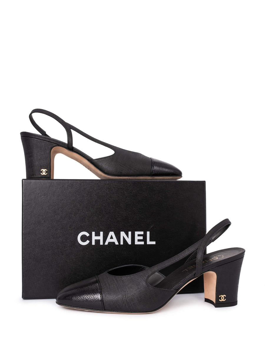 Chanel CC Blue Suede Leather Cap Toe Block Heel Slingback Shoes