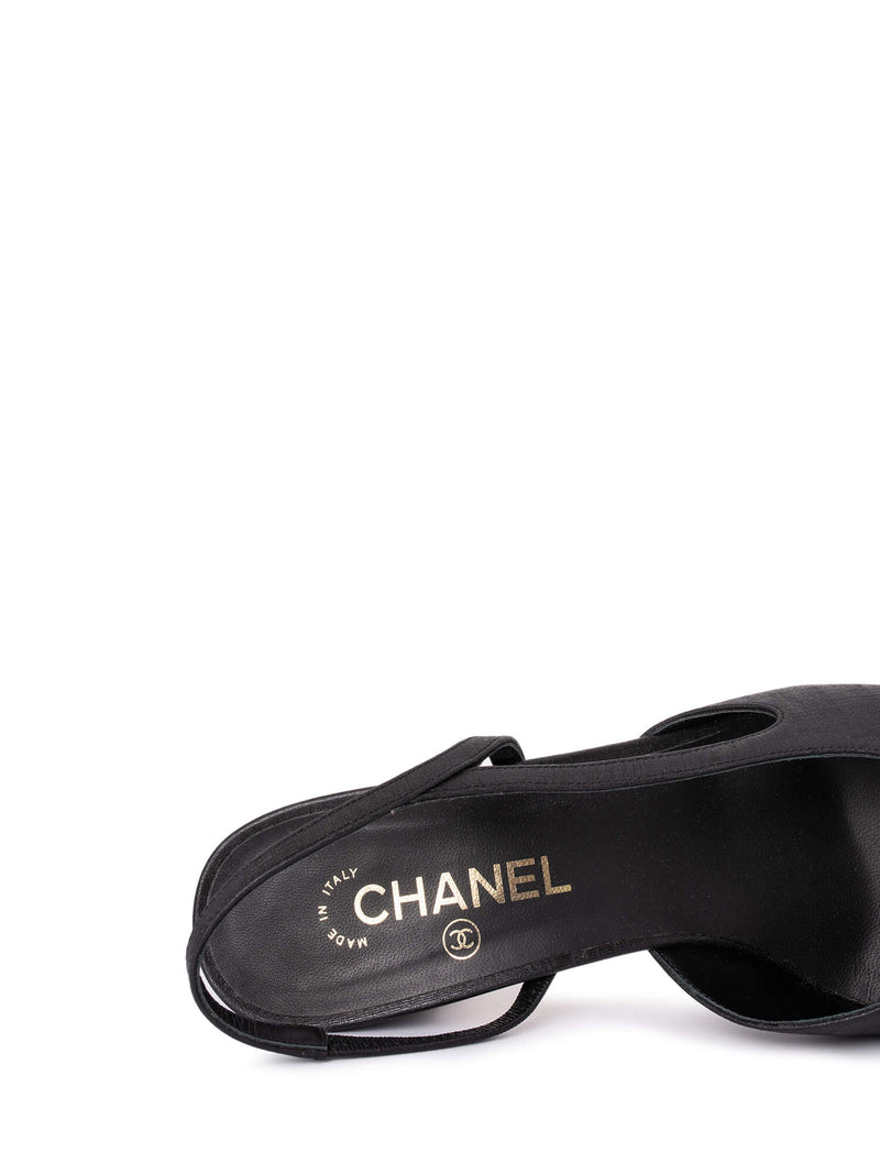 CHANEL Patent Leather CC Logo Cap Toe Sling Back Pumps Black-designer resale