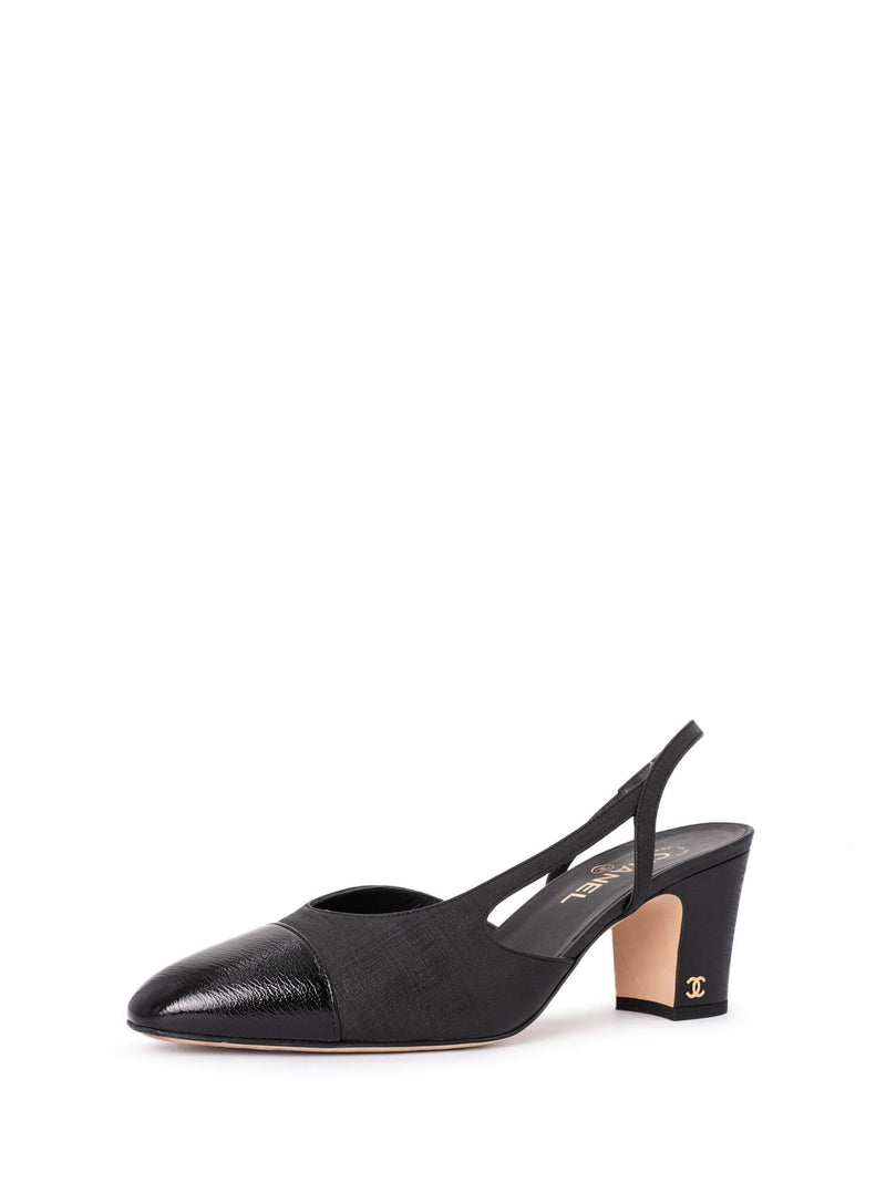 CHANEL Patent Leather CC Logo Cap Toe Sling Back Pumps Black