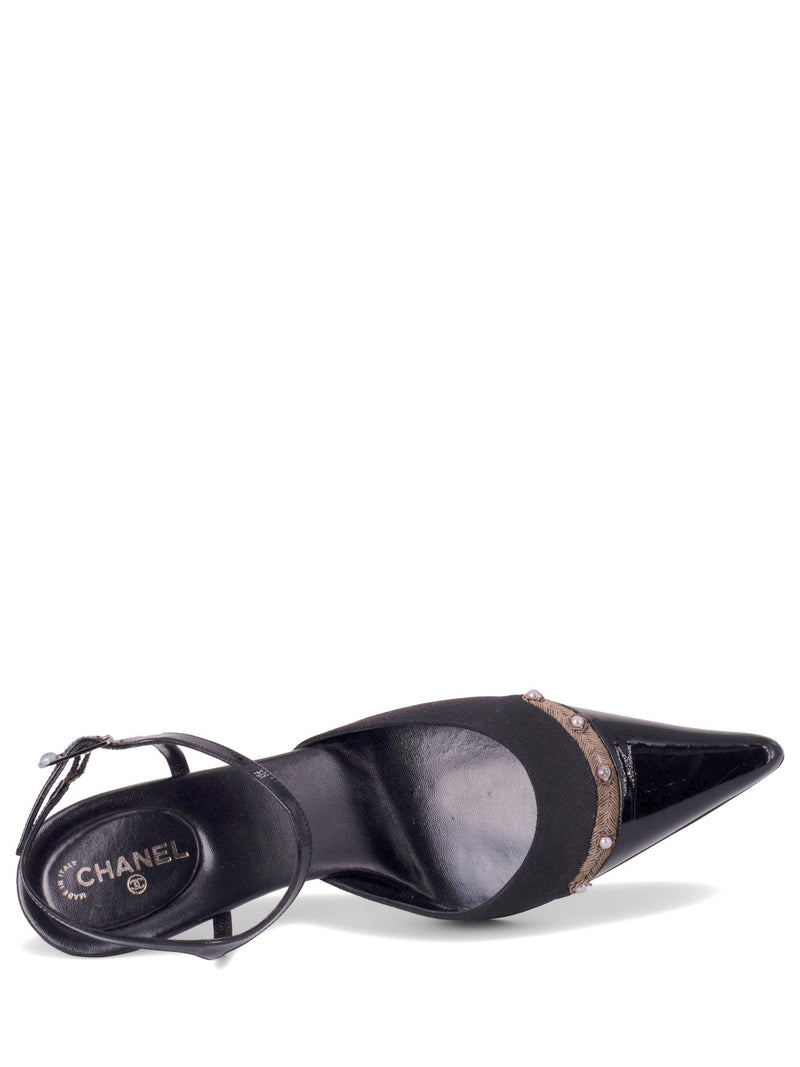 CHANEL Patent Leather CC Logo Cap Toe Sling Back Shoes Black-designer resale