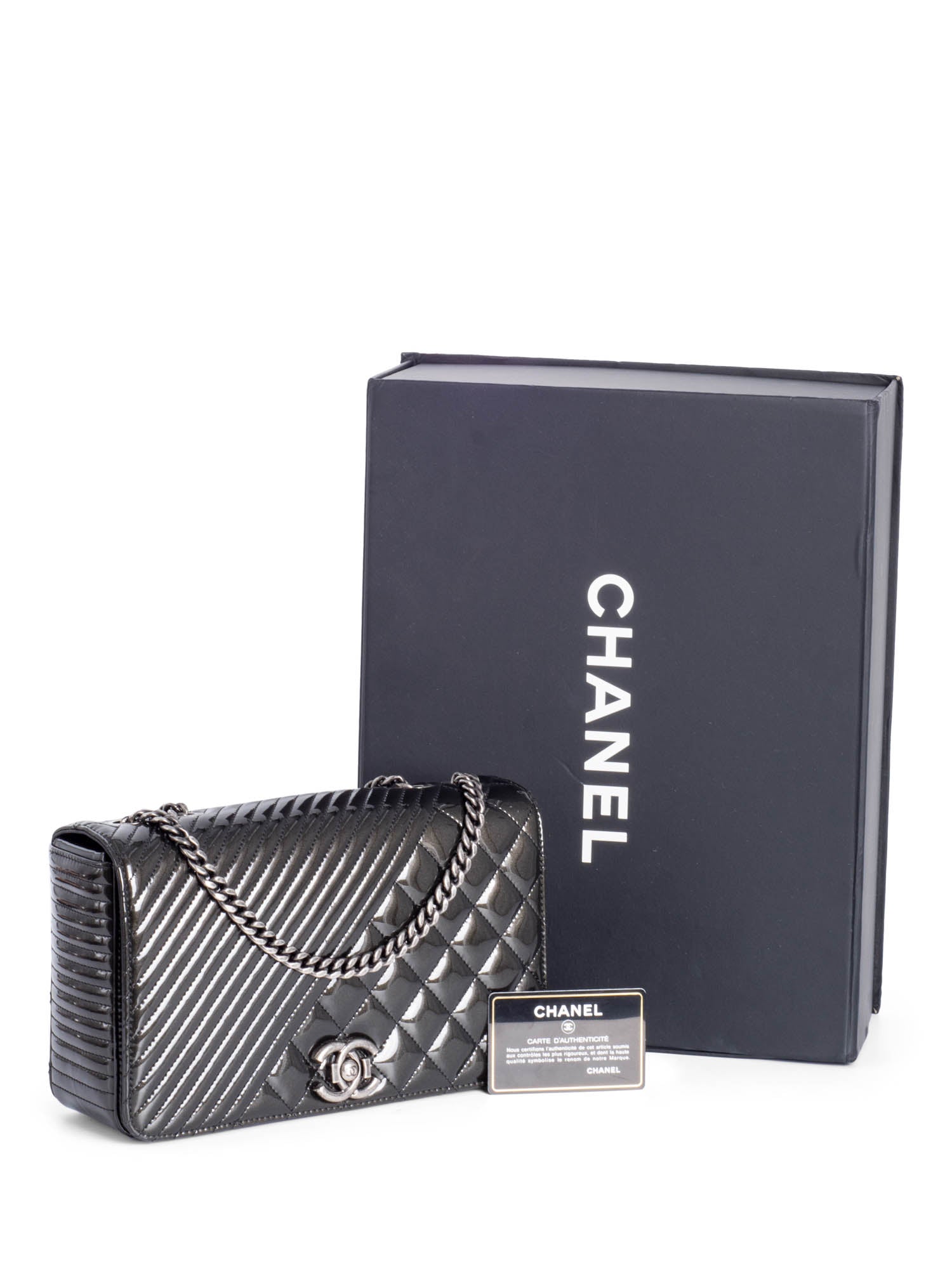 CHANEL Patent Leather CC Logo Coco Boy Medium Flap Bag Black-designer resale