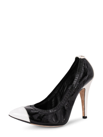 CHANEL Patent Leather CC Logo Pumps Black White-designer resale