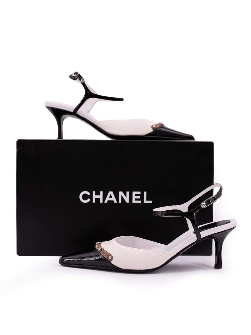 CHANEL Black + Silver Two Tone Suede Slingback Pumps 38 7.5 Metallic CC, Backroom Clothing