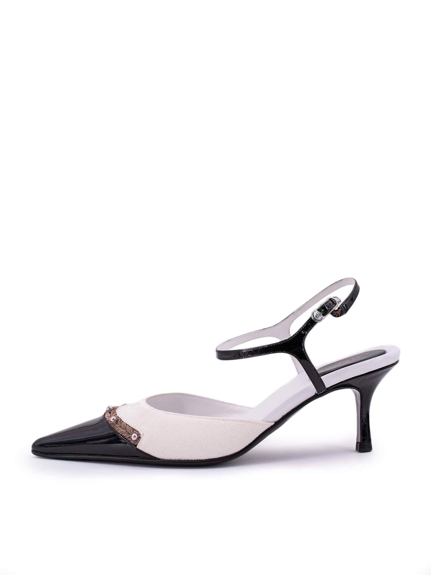 CHANEL Patent Leather Kitten Heel Shoes Black White-designer resale