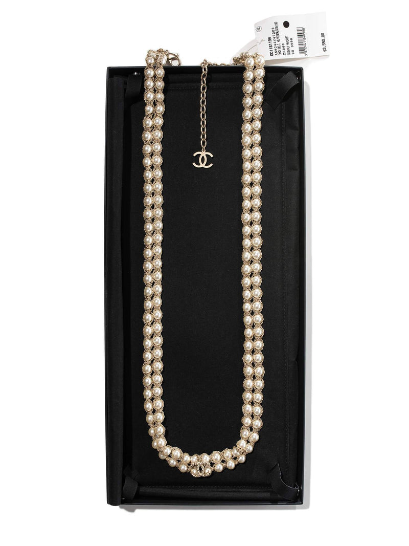 CHANEL Graduated Pearl Crystal CC Long Necklace Silver 693192