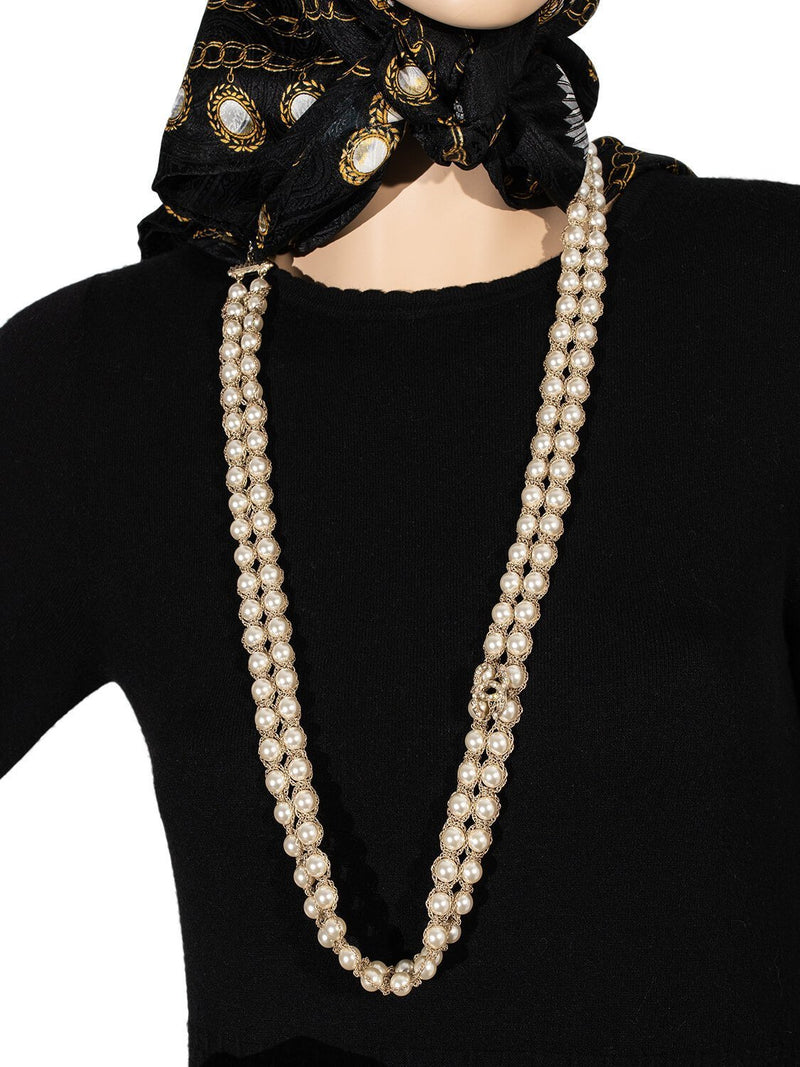 Vintage CHANEL Classic Faux Pearl Necklace With Oval CC Coin 