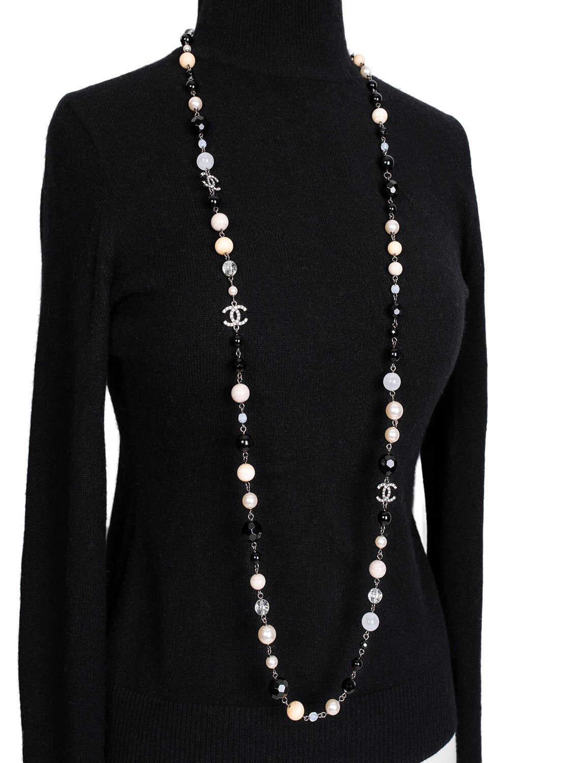 CHANEL Pearl CC Logo Long Necklace Silver