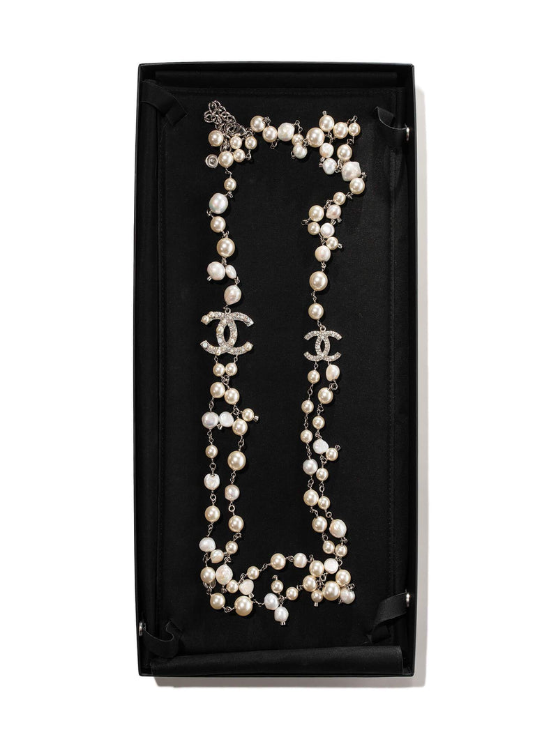 CHANEL Pearl CC Logo Long Necklace Silver-designer resale