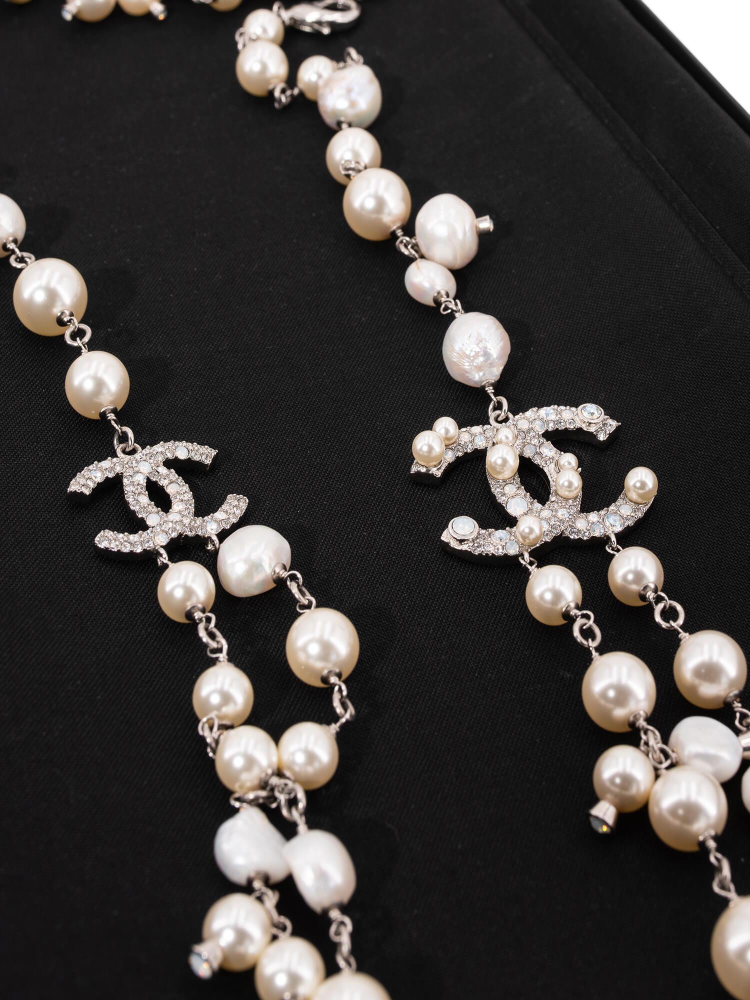 CHANEL Pearl CC Logo Long Necklace Silver
