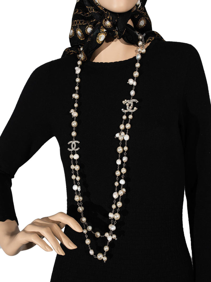 CHANEL Pearl CC Logo Long Necklace Silver-designer resale