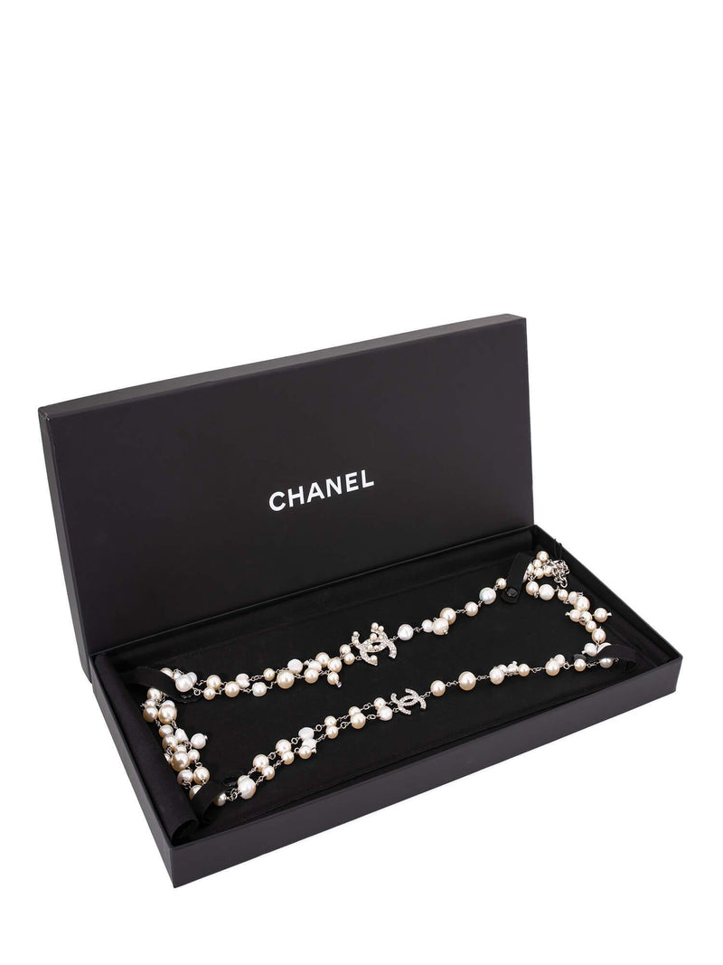 CHANEL Pearl CC Logo Long Necklace Silver