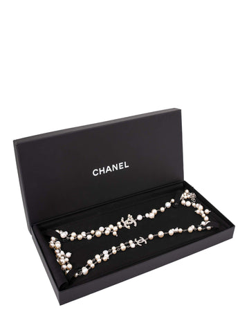 CHANEL Pearl CC Logo Long Necklace Silver-designer resale