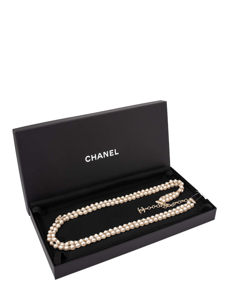 Chanel Gold Tone-pearl Double Strand Cc Logo Long Necklace