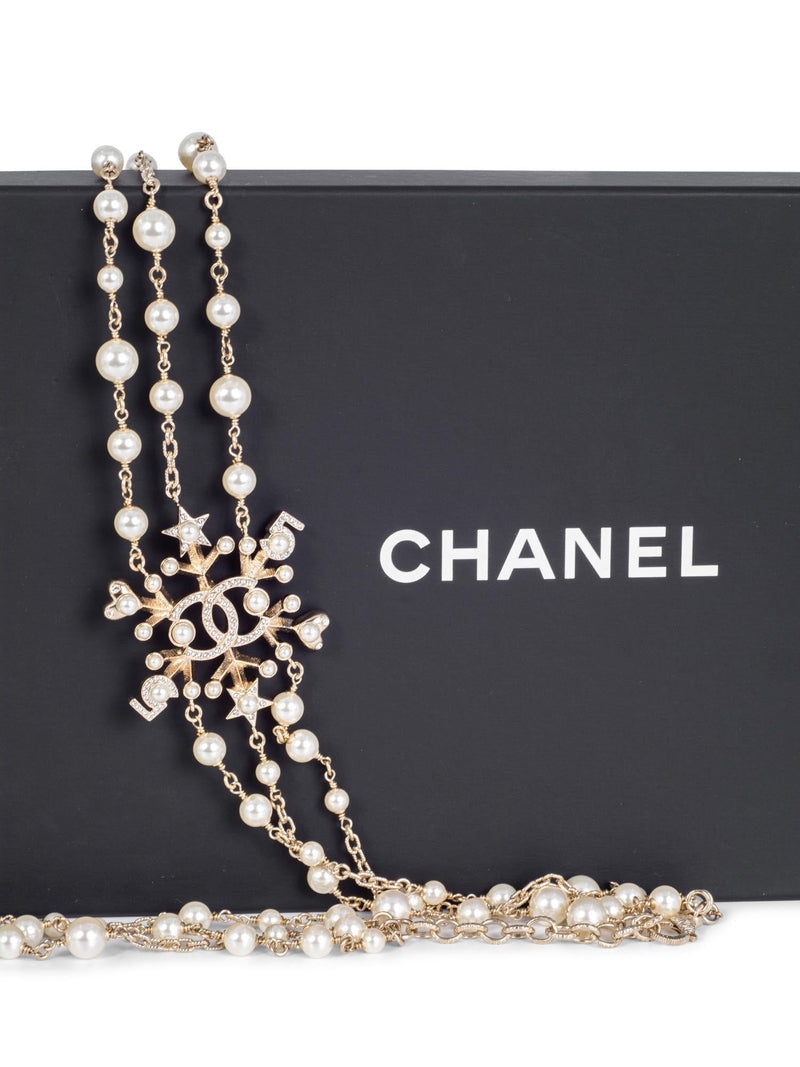 CHANEL Pearl Crystal CC Logo Long Necklace Gold