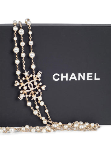 CHANEL Pearl Crystal CC Logo Long Necklace Gold-designer resale