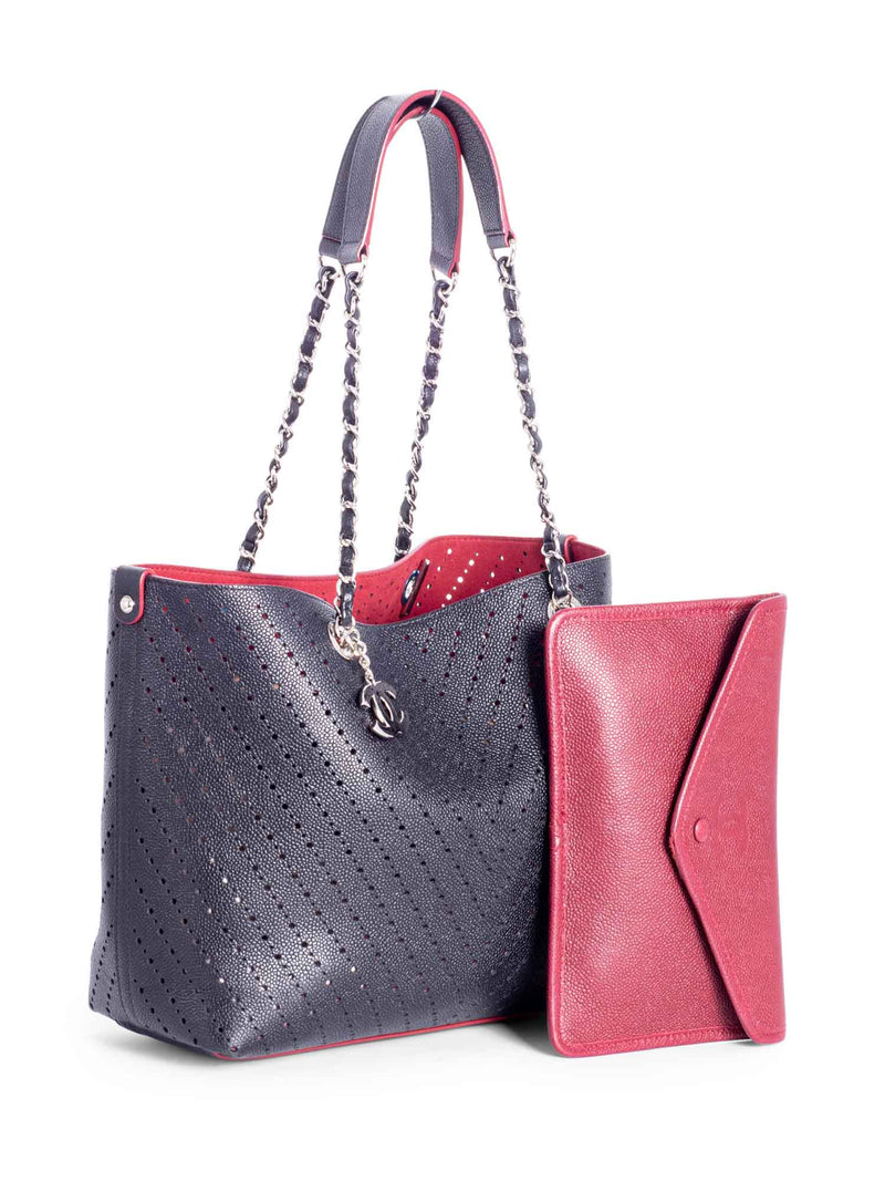 CHANEL Perforated Caviar Leather CC Logo Shopper with Clutch Black Burgundy-designer resale