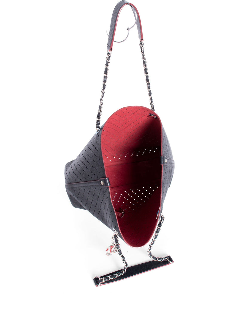CHANEL Perforated Caviar Leather CC Logo Shopper with Clutch Black Burgundy-designer resale
