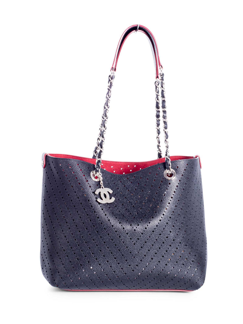 CHANEL Perforated Caviar Leather CC Logo Shopper with Clutch Black Burgundy