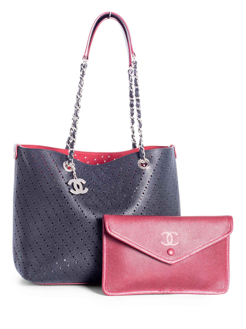 CHANEL Perforated Caviar Leather CC Logo Shopper with Clutch Black Burgundy-designer resale
