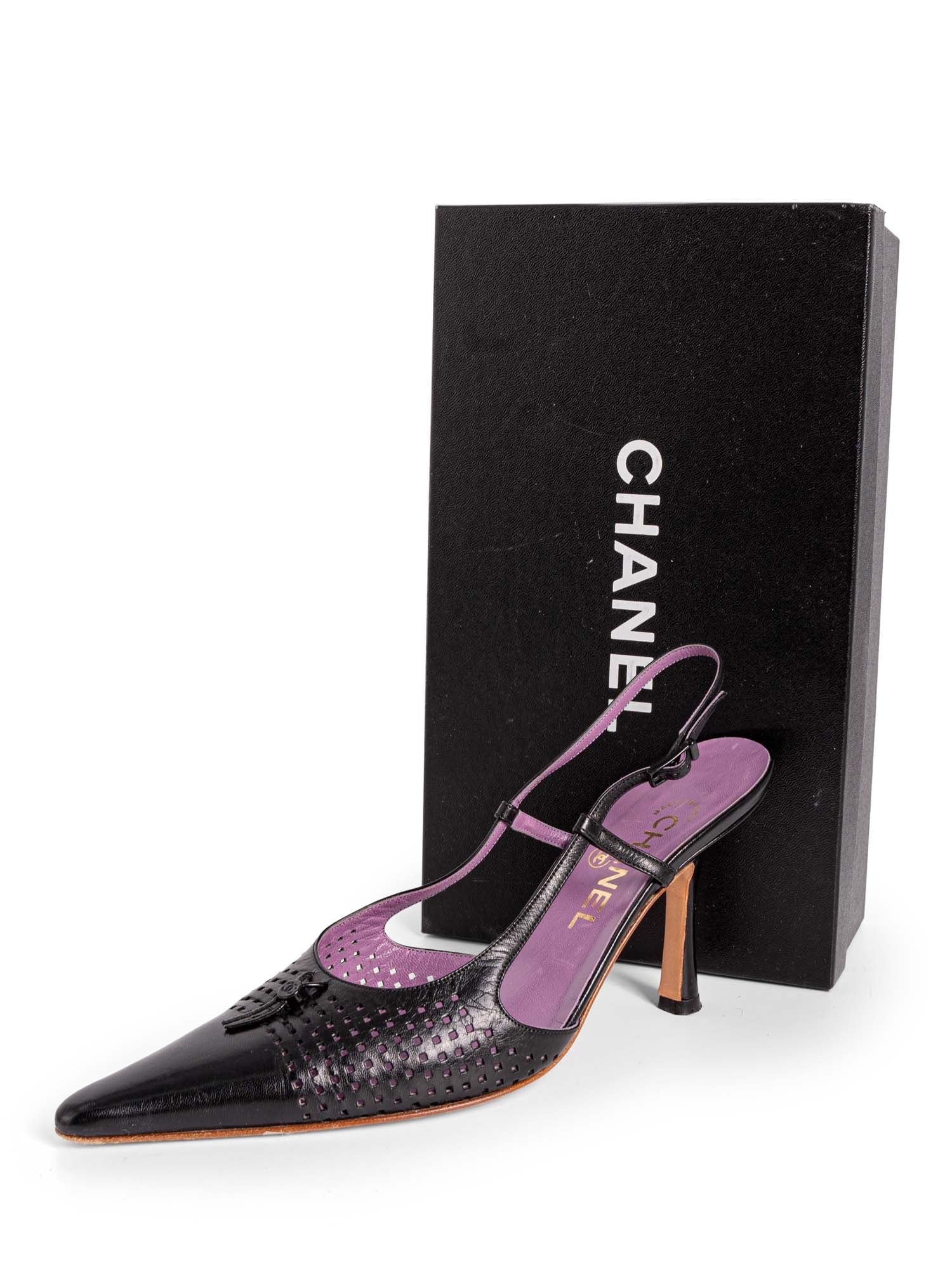 CHANEL Perforated Leather CC Logo Sling Back Shoes Black-designer resale