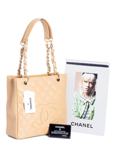chanel beige matte caviar travel tote bag CHANEL Quilted Caviar CC Logo PST Shopper Bag Beige