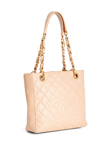 CHANEL Quilted Caviar CC Logo PST Shopper Bag Cream-designer resale