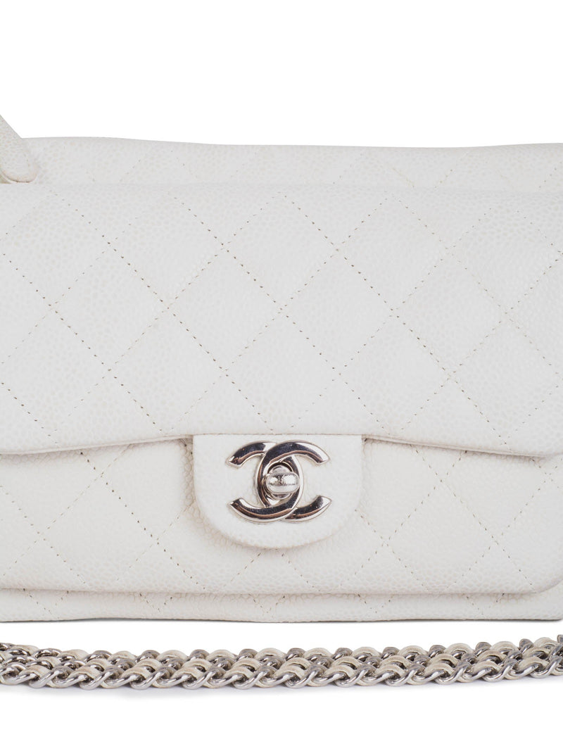CHANEL Quilted Caviar Leather CC Logo Flap Messenger Bag White Silver