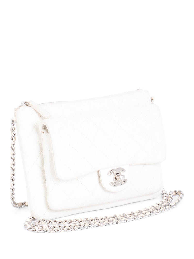 CHANEL Quilted Caviar Leather CC Logo Flap Messenger Bag White Silver