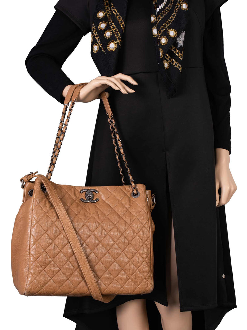 CHANEL Quilted Leather CC Logo Shopper Bag Brown-designer resale