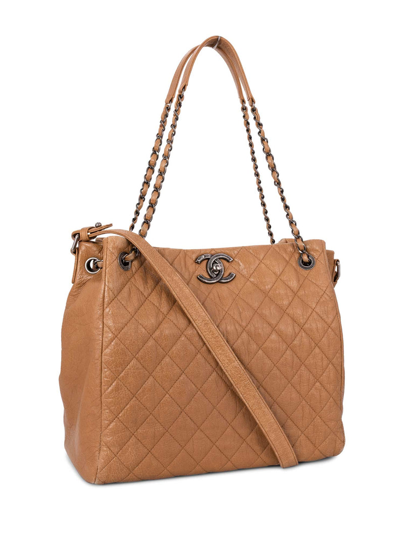 CHANEL Quilted Leather CC Logo Shopper Bag Brown-designer resale
