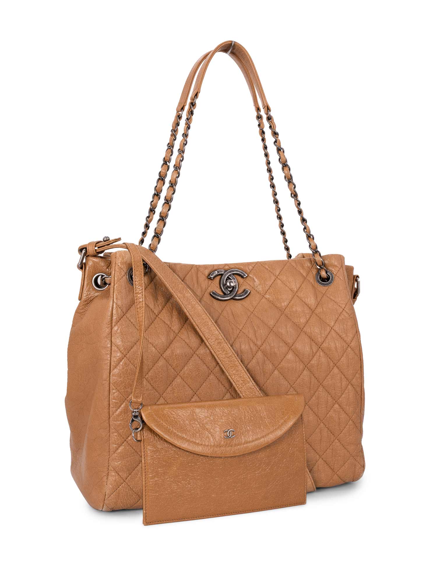 CHANEL Quilted Leather CC Logo Shopper Bag Brown-designer resale