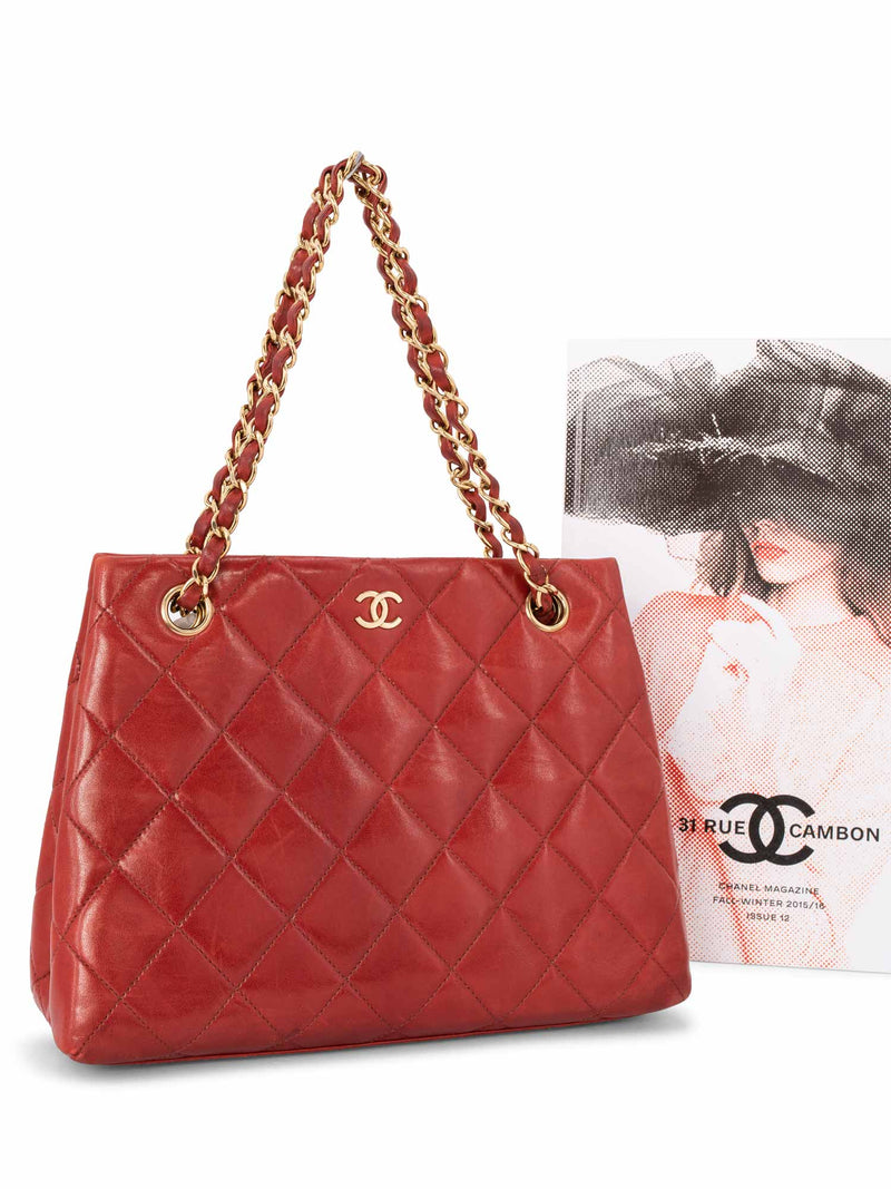 Vintage Chanel Mini Chain Tote Bag Red Lambskin Gold Hardware