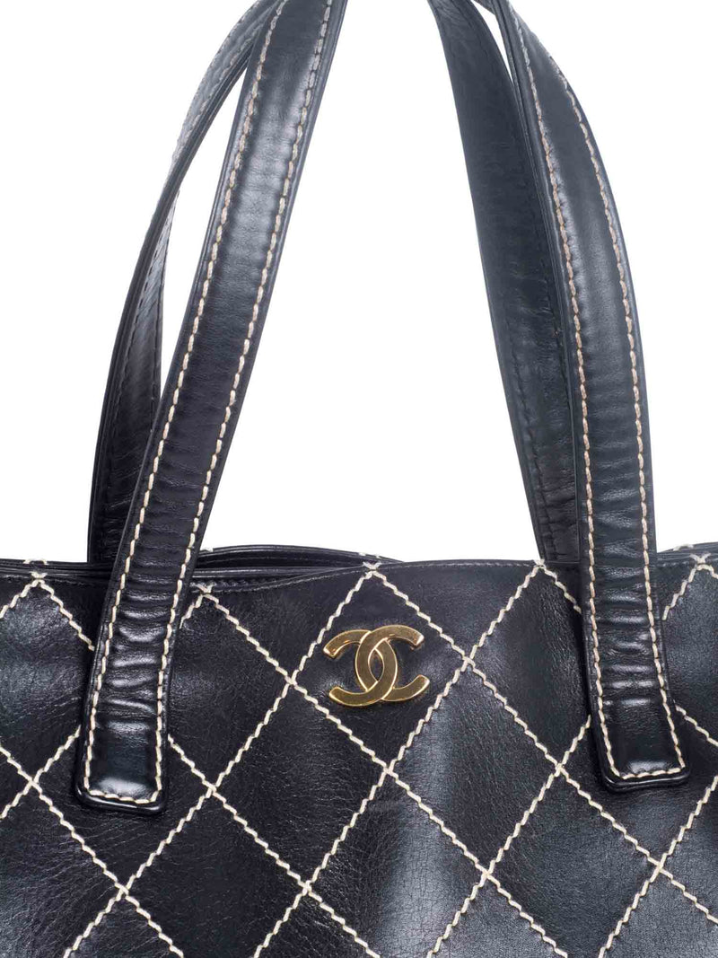 CHANEL Calf Skin Leather Wild Stitch Black Tote Bag Handbag #2455 Rise-on