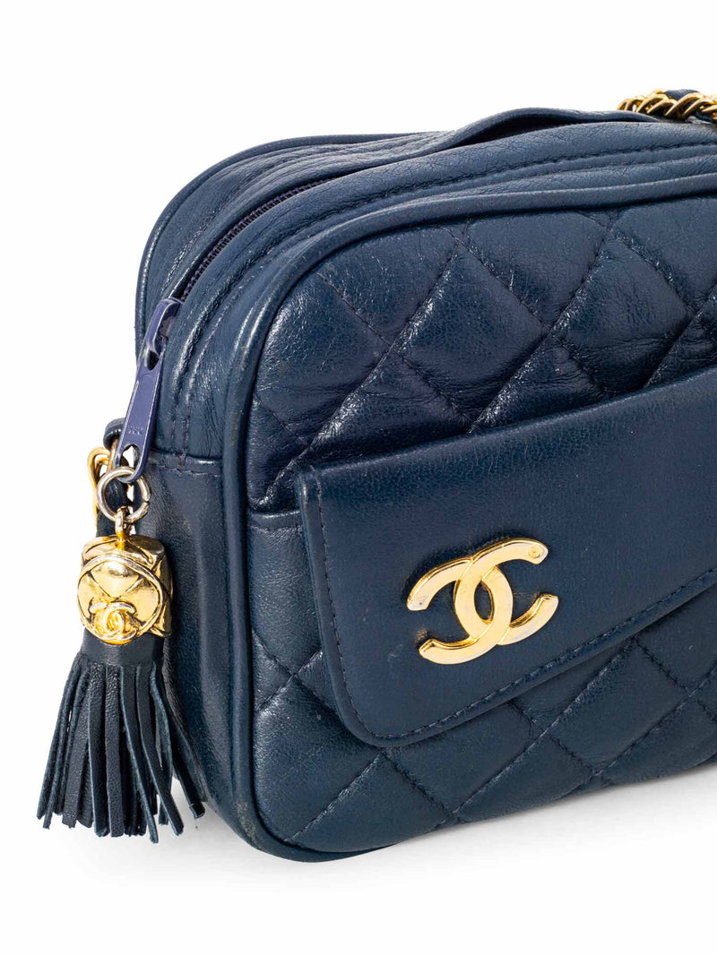 CHANEL Quilted Leather CC Tassel Camera Bag Blue-designer resale