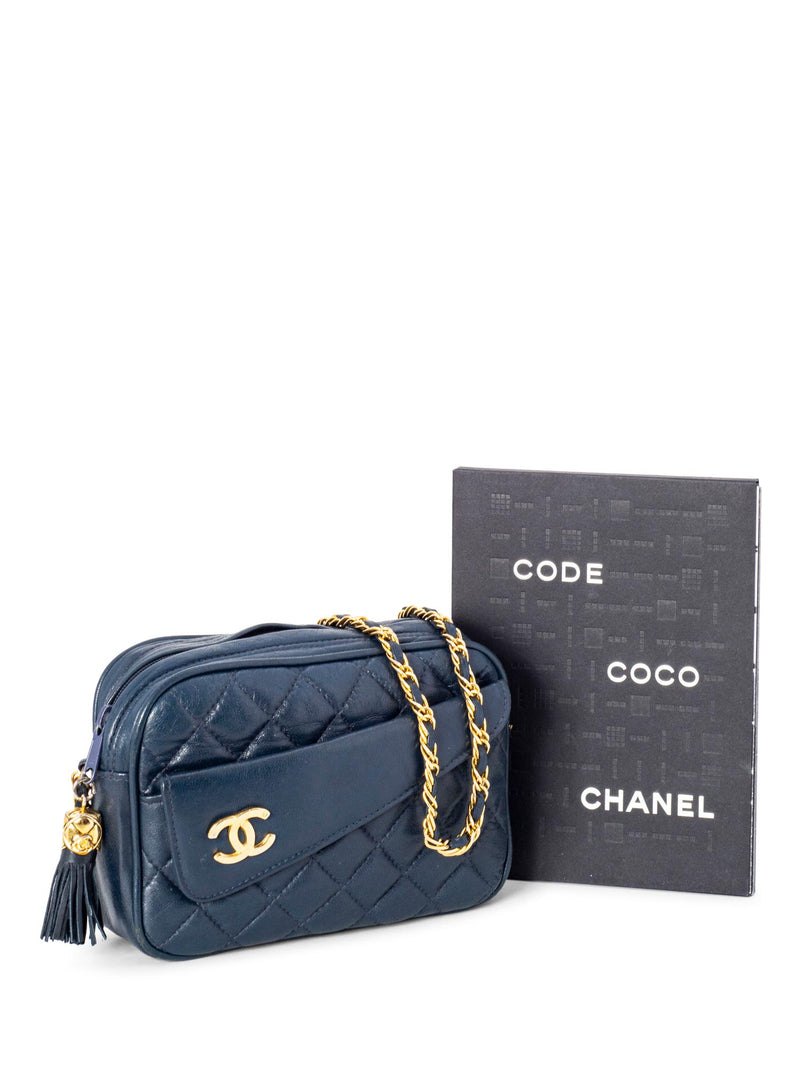CHANEL Quilted Leather CC Tassel Camera Bag Blue