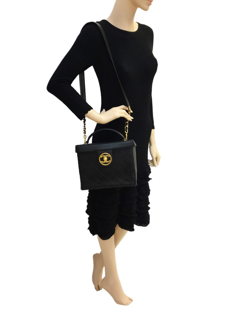 CHANEL Quilted Leather CC Vanity Globe Trotter Bag Black-designer resale