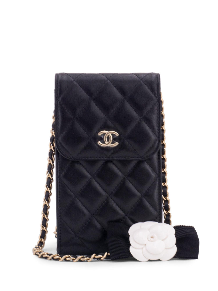 CHANEL Quilted Leather Camellia Phone Messenger Bag Black