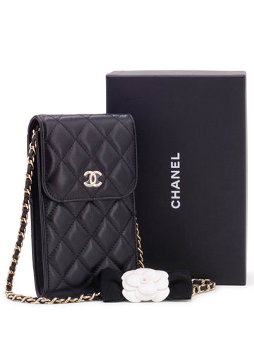 CHANEL Quilted Leather Camellia Phone Messenger Bag Black-designer resale