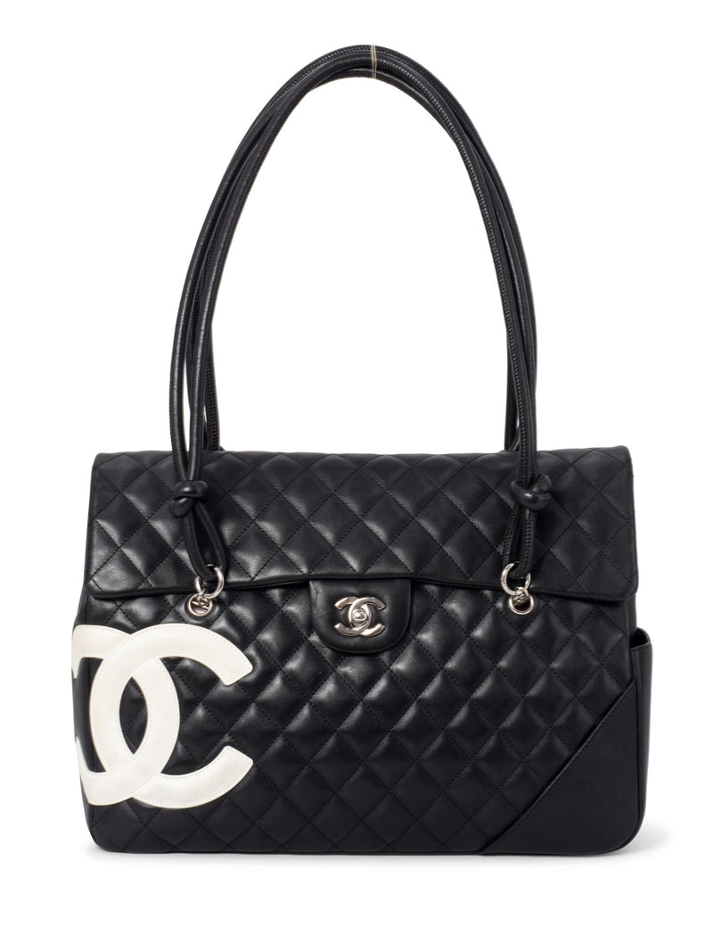Chanel Cambon Line Medium Tote Bag Shoulder Soft Calf Enamel Black