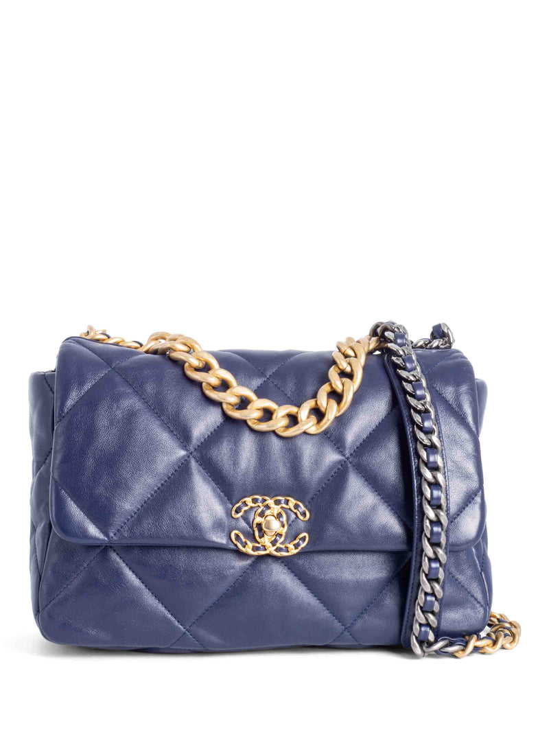 CHANEL Quilted Leather Large 19 Flap Messenger Bag Navy Blue-designer resale