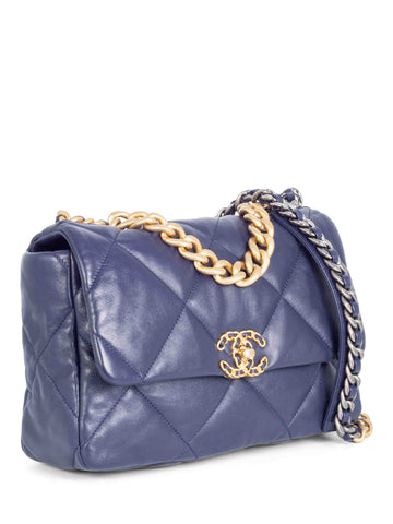 CHANEL Quilted Leather Large 19 Flap Messenger Bag Navy Blue-designer resale