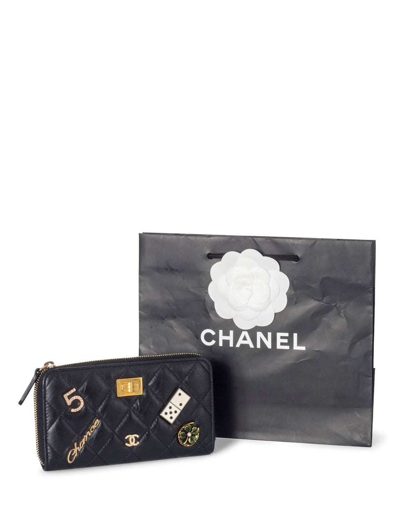CHANEL Quilted Leather Trendy Plate Zip Around Wallet Black