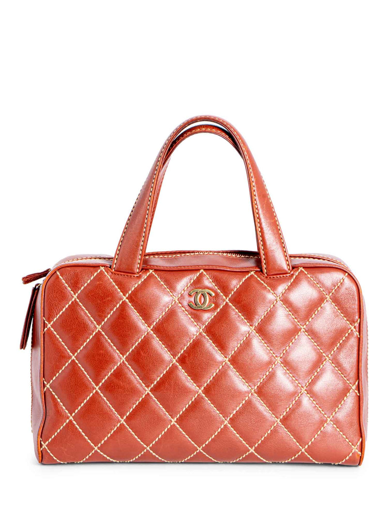 CHANEL Quilted Leather Surpique Bowler Bag Brown