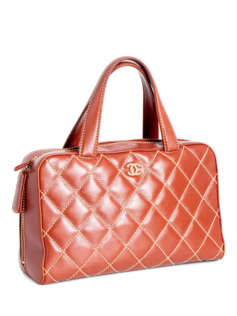 CHANEL Quilted Leather Surpique Bowler Bag Brown