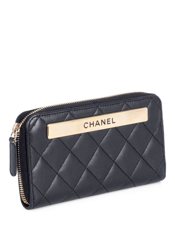 CHANEL Quilted Leather Trendy Plate Zip Around Wallet Black-designer resale