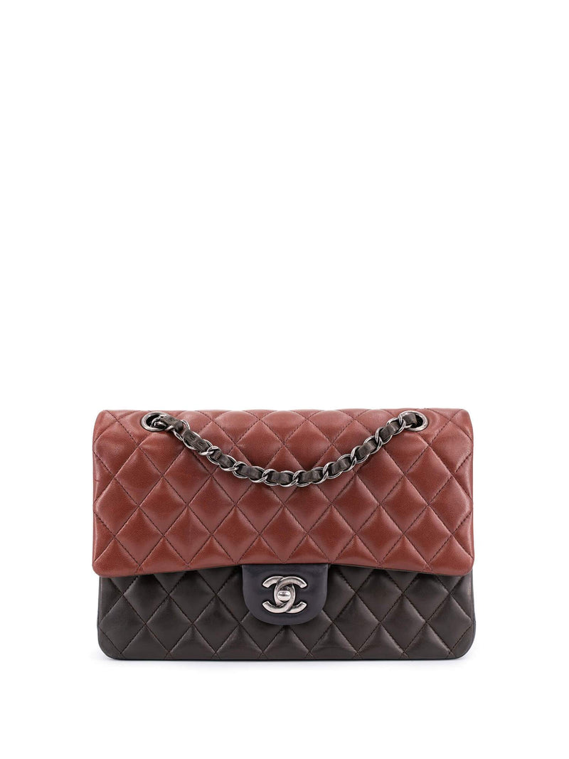 CHANEL Quilted Leather Tri-Color Medium Double Flap Bag Burgundy